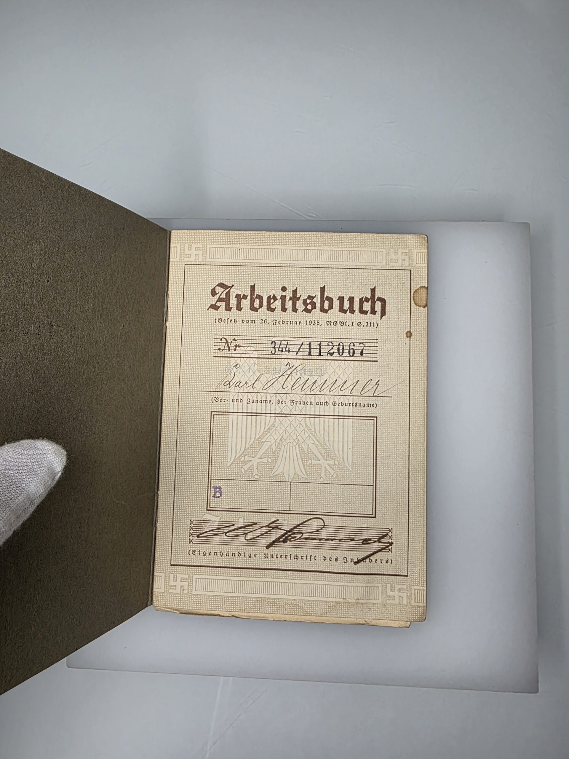 Karl Schirmer German Arbeitsbuch, Deutsches Reich Work Book, 1935 - Image 2