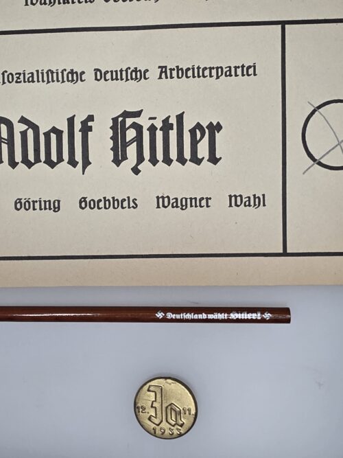Original Hitler election ballot pencil and Ja 1933 badge
