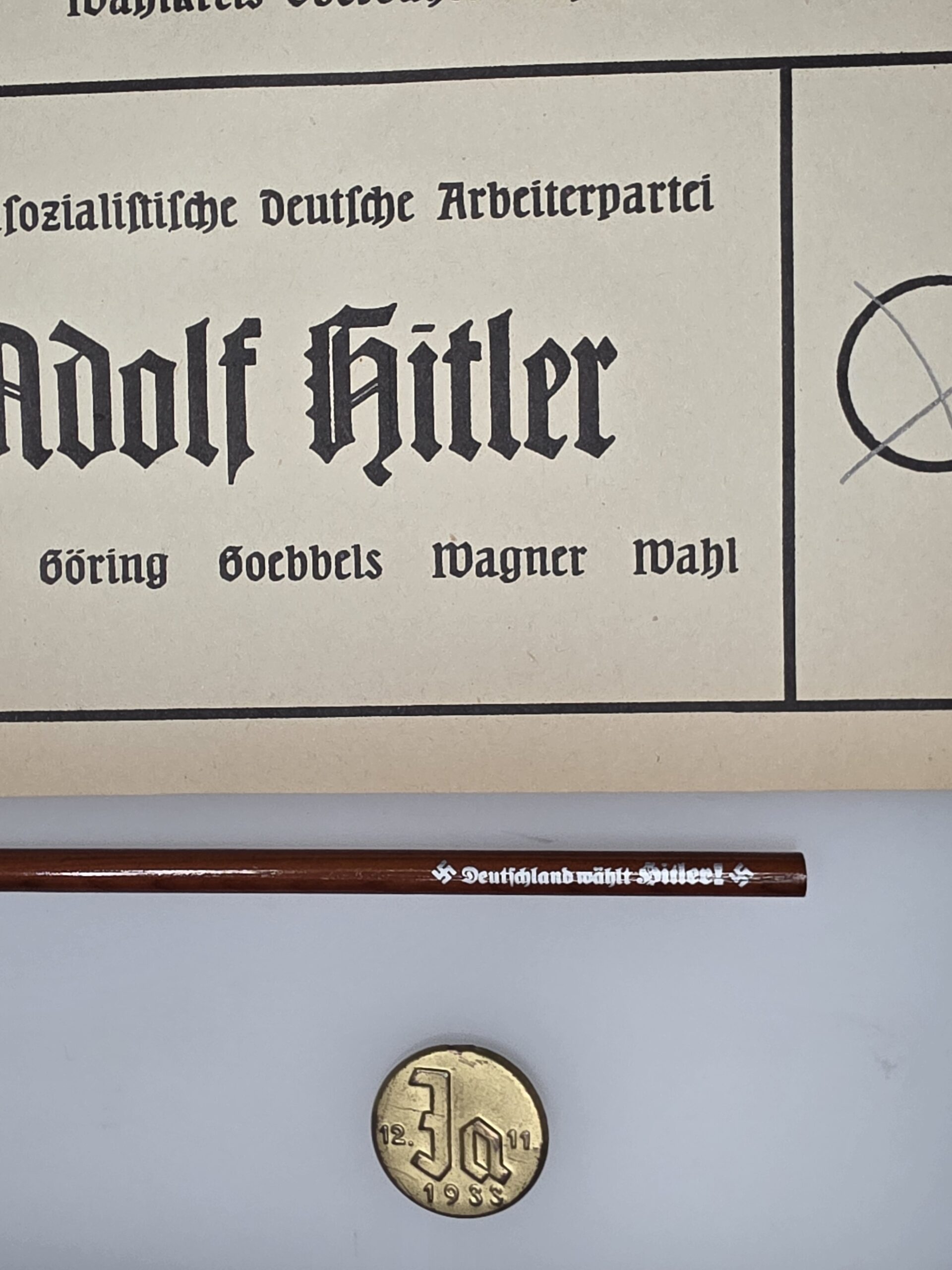 Original Hitler election ballot pencil and Ja 1933 badge Original Hitler election ballot pencil and Ja 1933 badge