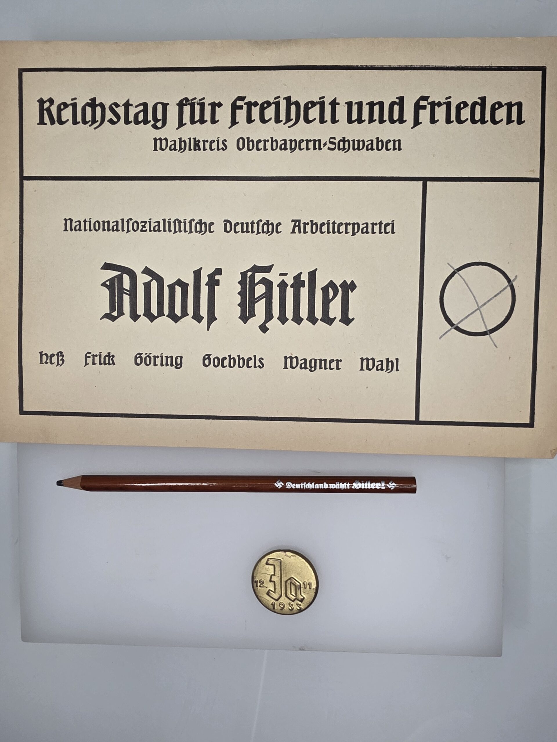 Original Hitler Election Propaganda Set 1933–1936 – Reichstag Ballot, Pencil and Badge - Image 2