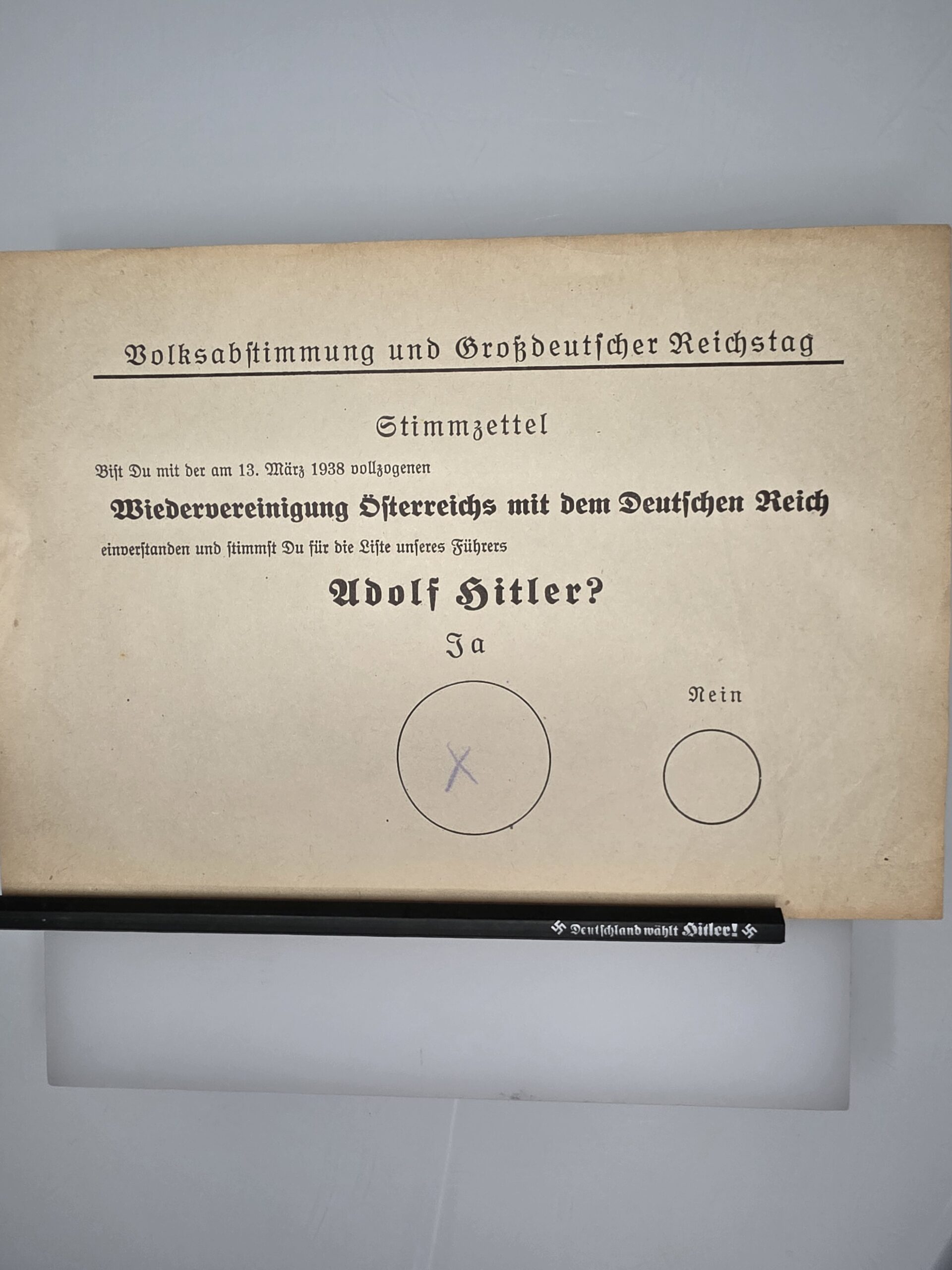 Original 1938 Anschluss referendum ballot marked Ja Original 1938 Anschluss referendum ballot marked Ja