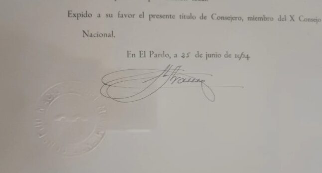 Francisco Franco signed Council of the Movement document 1964