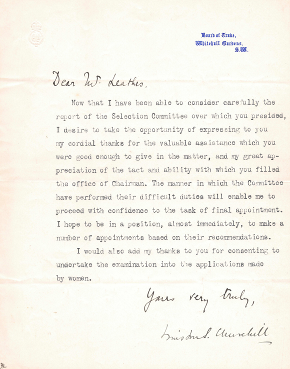 Winston Churchill Board of Trade signed letter to Stanley Leathes