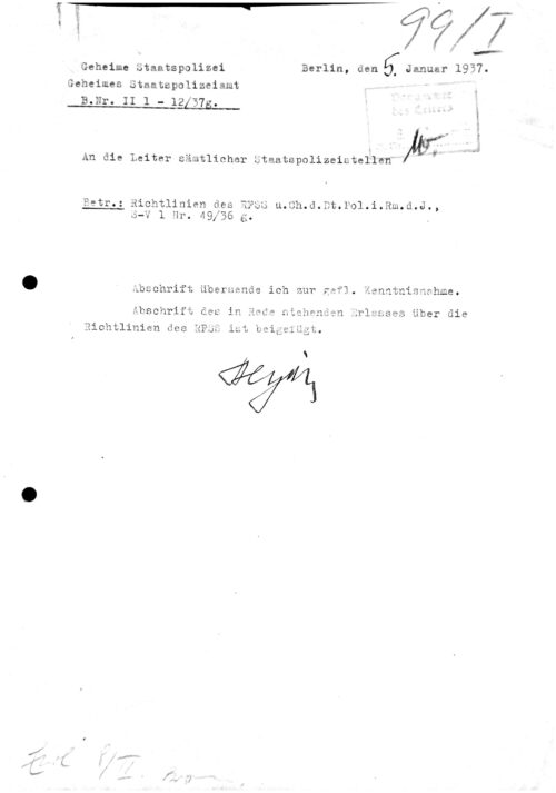 Reinhard Heydrich signed Gestapo document 1937