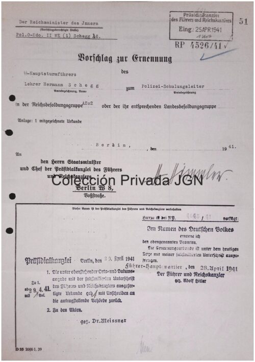Heinrich Himmler signed police training appointment document 1941