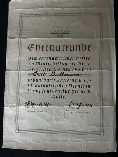 Goebbels facsimile signature Winter Relief Fund certificate
