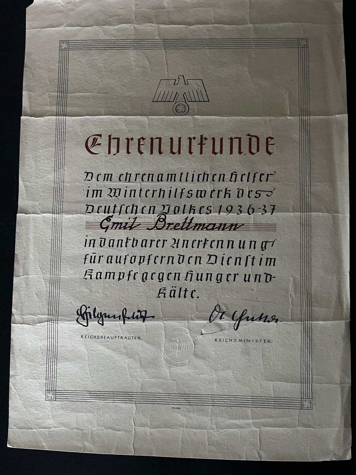 Goebbels facsimile signature Winter Relief Fund certificate