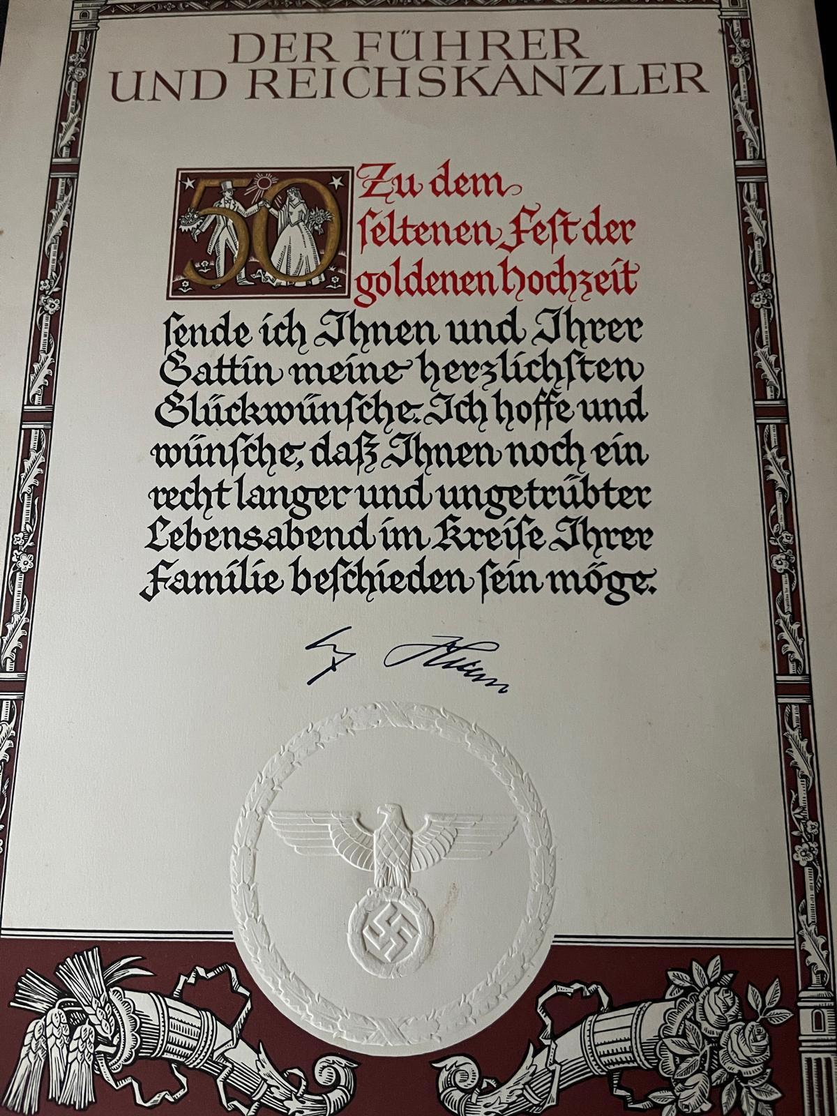 Hitler facsimile signature golden wedding certificate