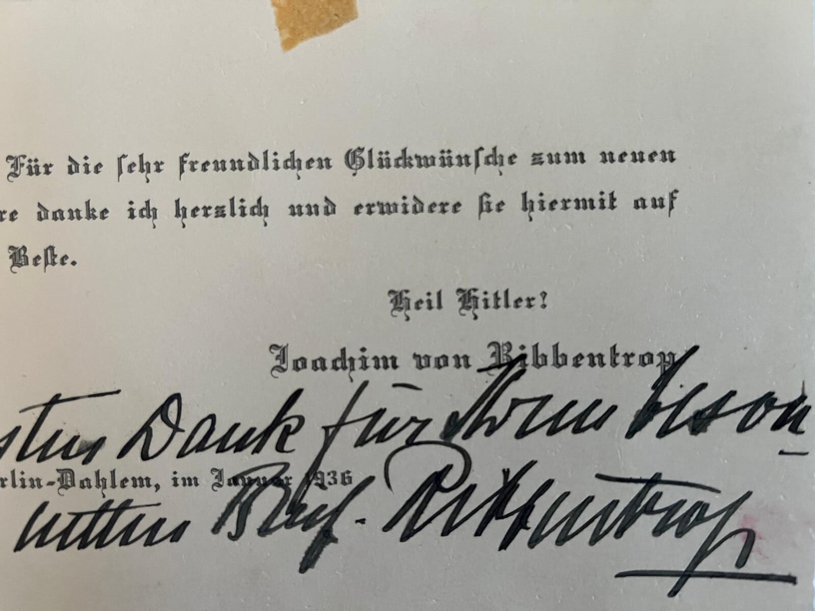 Joachim von Ribbentrop autograph on New Year card