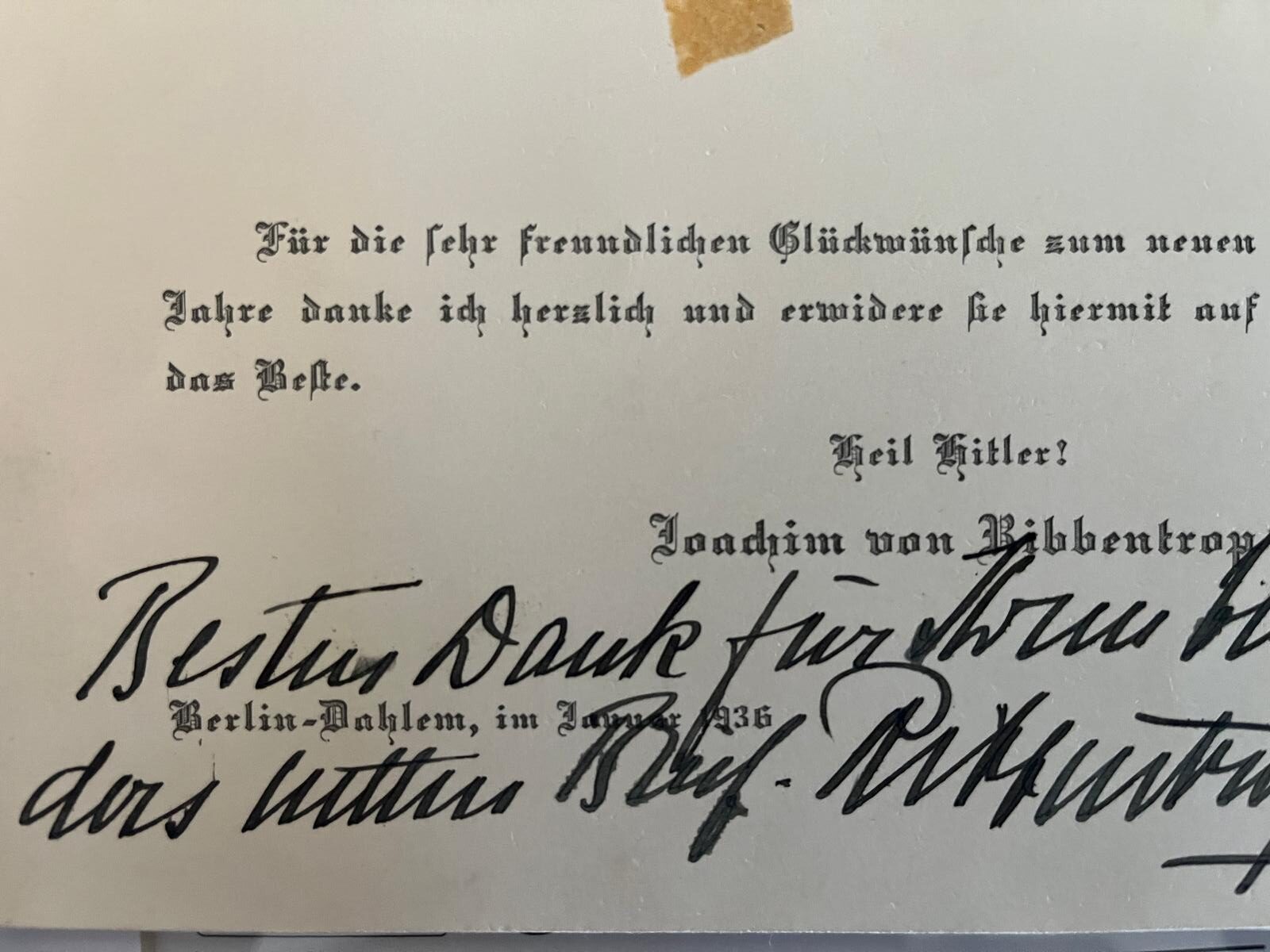 Joachim von Ribbentrop signed New Year card 1936