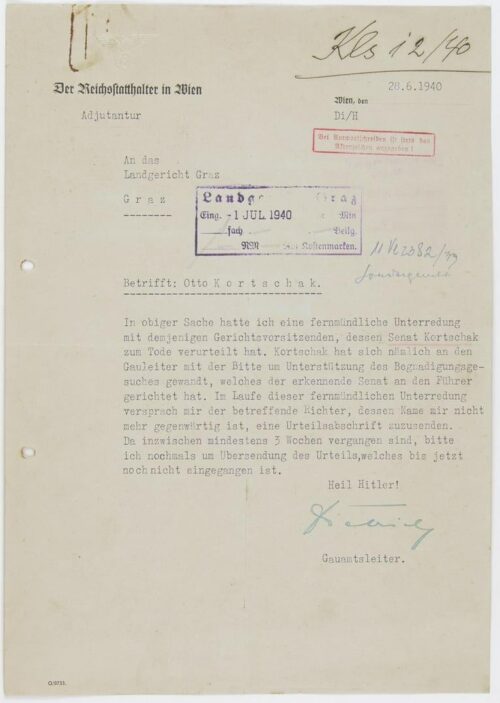 Original 1940 Otto Kortschak death sentence and clemency document