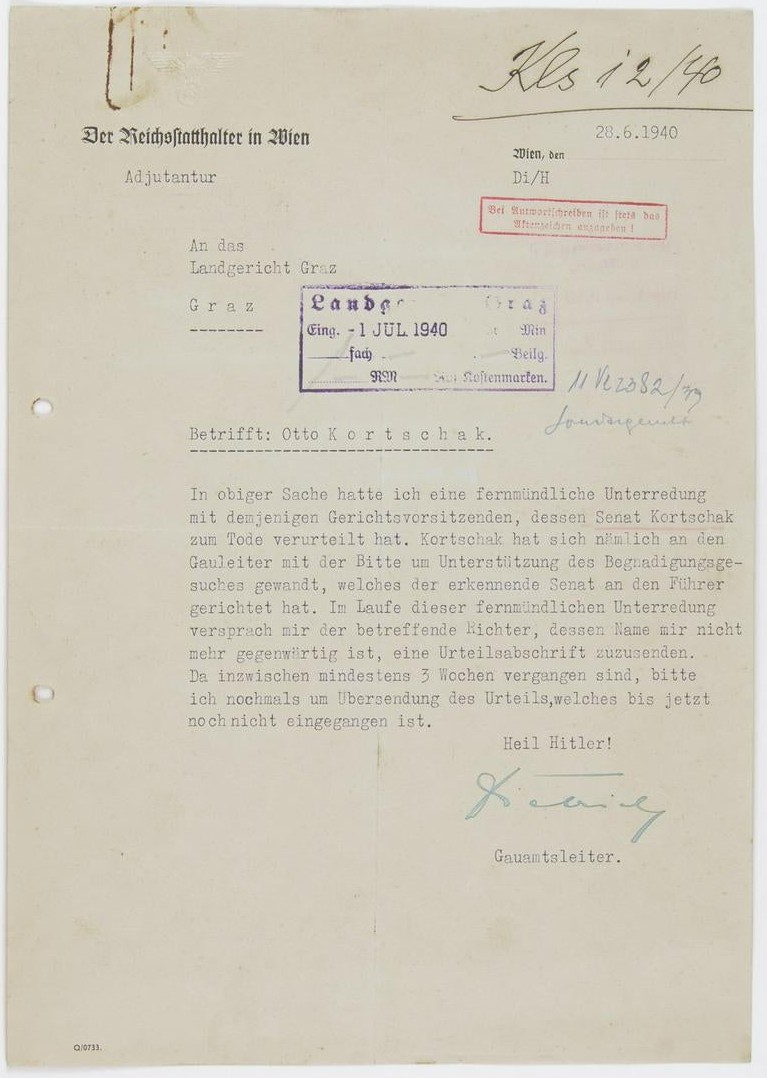 Original 1940 Otto Kortschak death sentence and clemency document