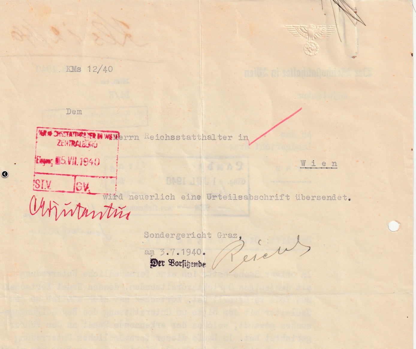 Reverse of 1940 Graz Special Court judicial document