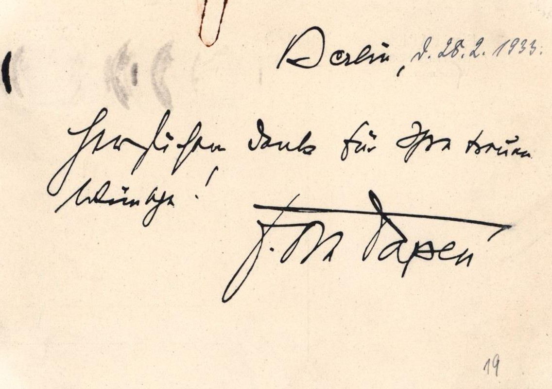 Original Franz von Papen signed postcard dated 28 February 1933