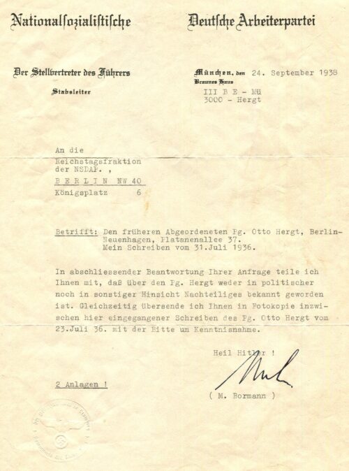 Original Martin Bormann signed document dated September 1938