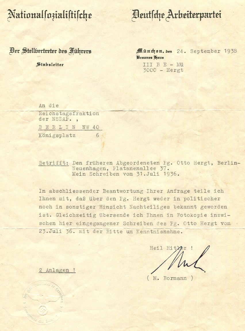 Original Martin Bormann signed document dated September 1938