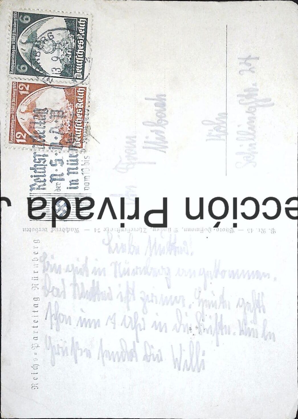 Original 1935 Nuremberg Rally postcard with two commemorative stamps