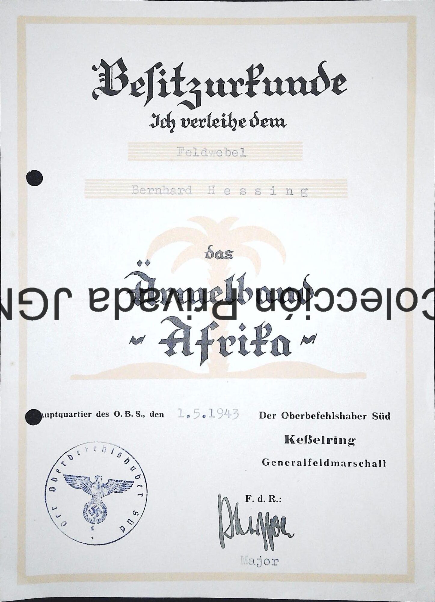 Bernhard Hessing 1943 Ärmelband Afrika award certificate Italo-German Africa Campaign Medal
