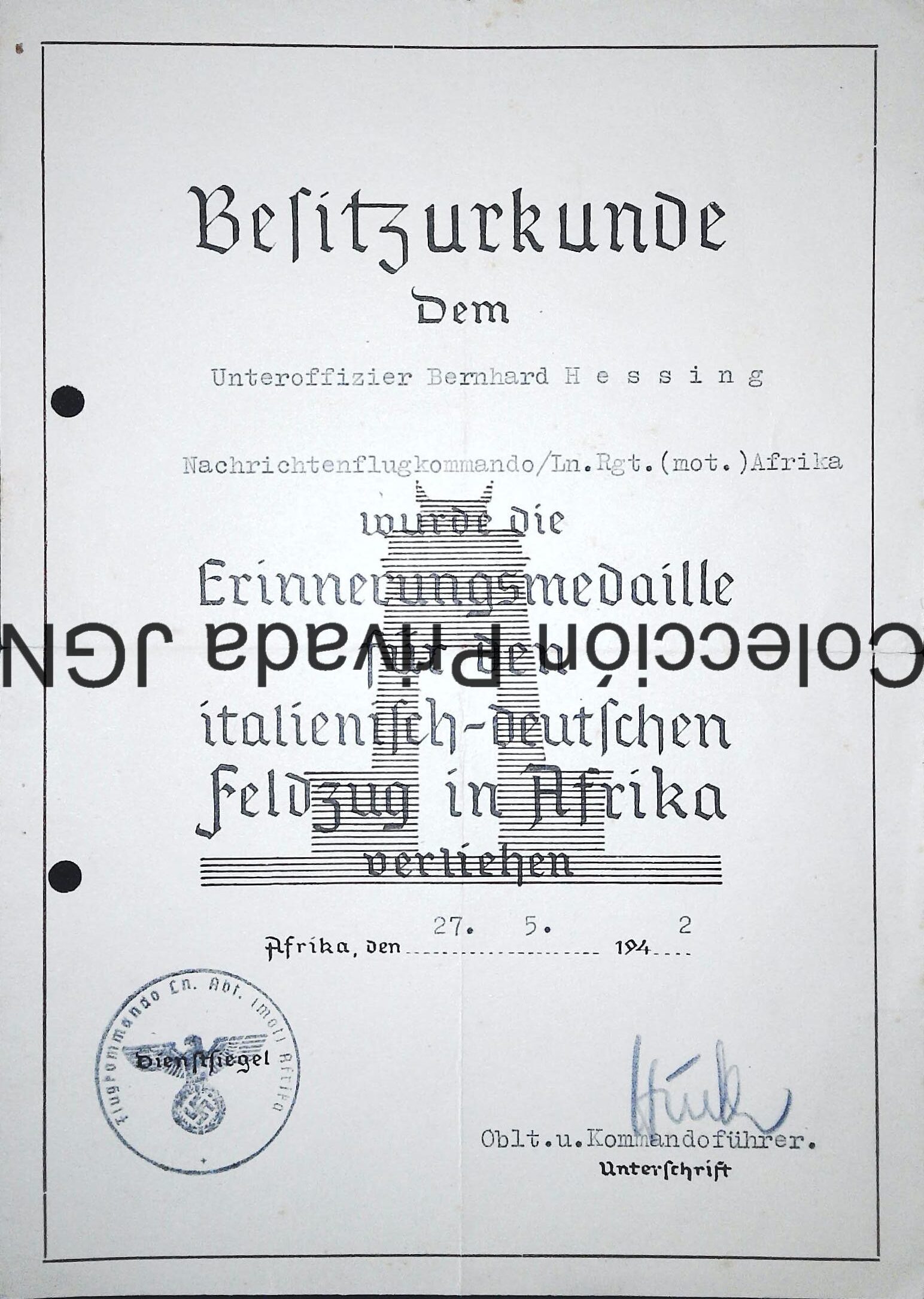 1942 Italo-German Africa Campaign Medal certificate for Bernhard Hessing