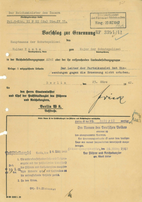 Wilhelm Frick signed Schutzpolizei promotion document 1942