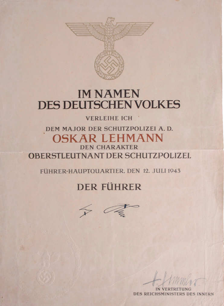 Hitler Facsimile and Heinrich Himmler Signed 1943 Promotion Document