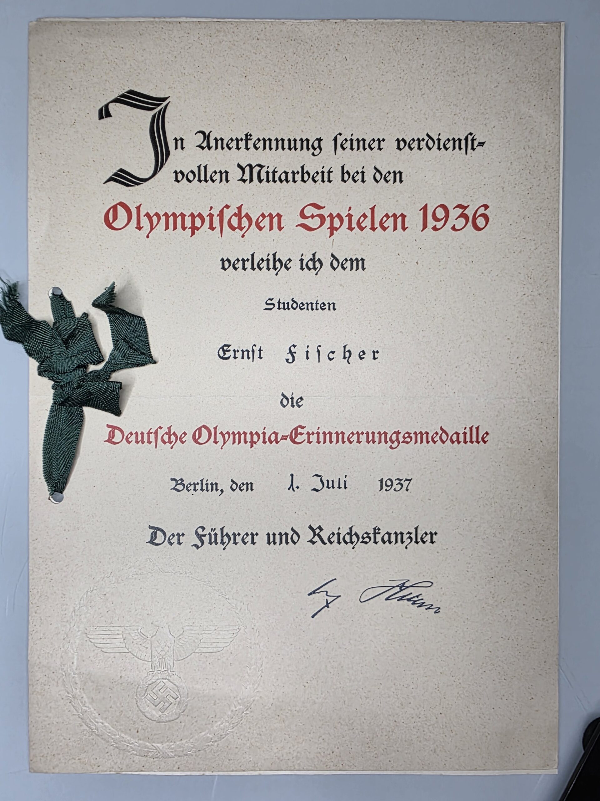 German 1936 Olympic Commemorative Medal & Ernst Fischer Award Certificate - Image 2