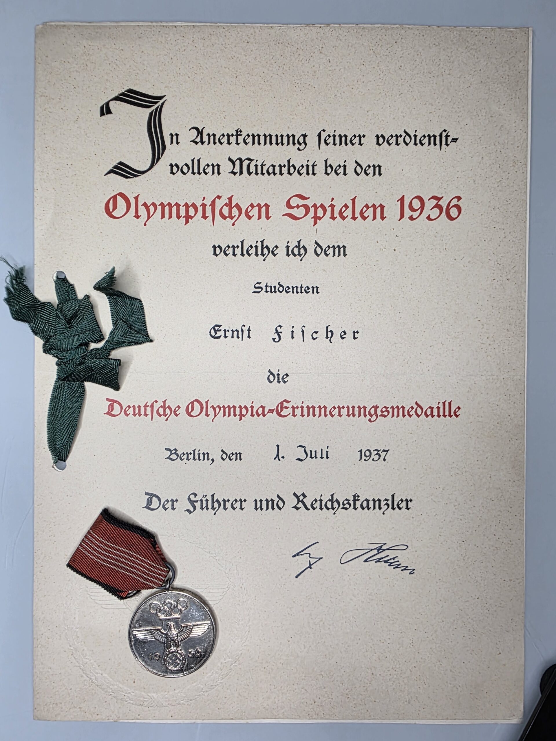 1936 Olympic Commemorative Medal certificate dated Berlin 1937