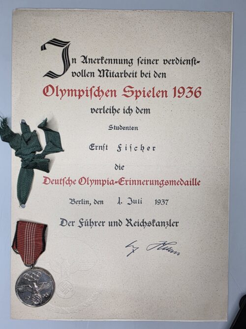 1936 Olympic Commemorative Medal award certificate to Ernst Fischer