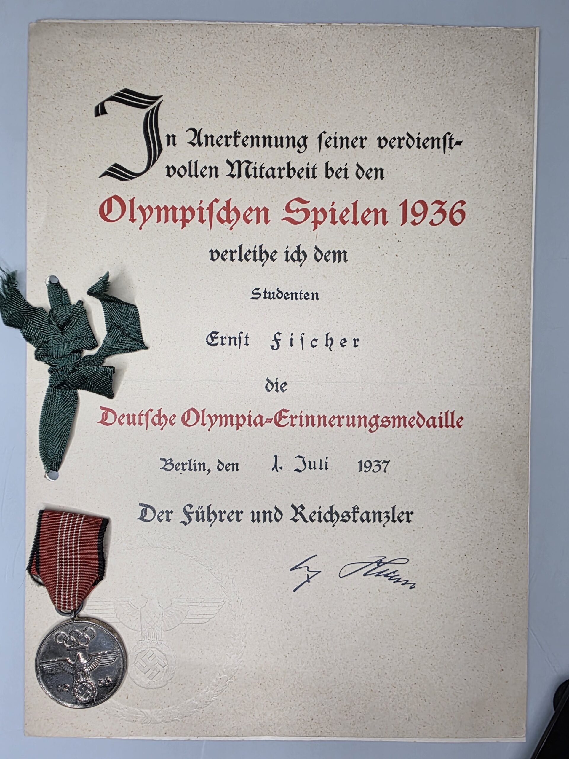 1936 Olympic Commemorative Medal award certificate to Ernst Fischer