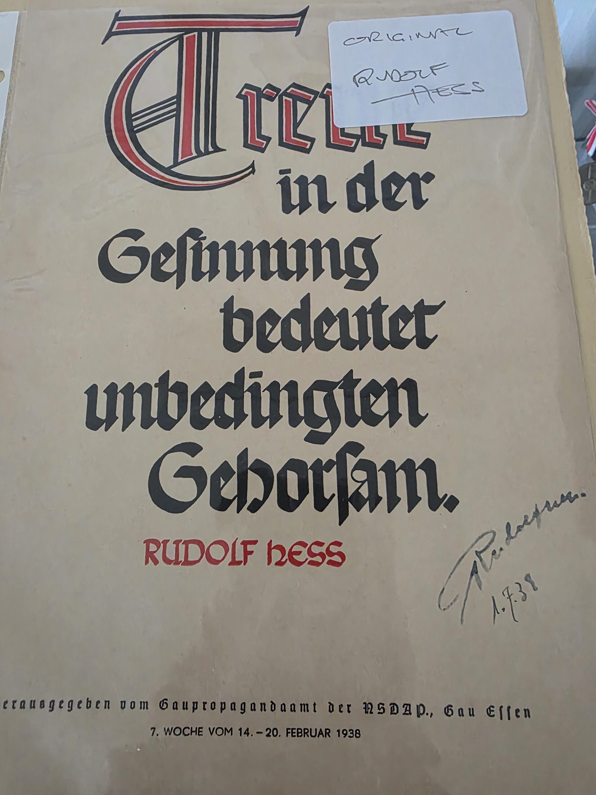 Rudolf Hess Autograph on 1938 Wochenspruch Poster