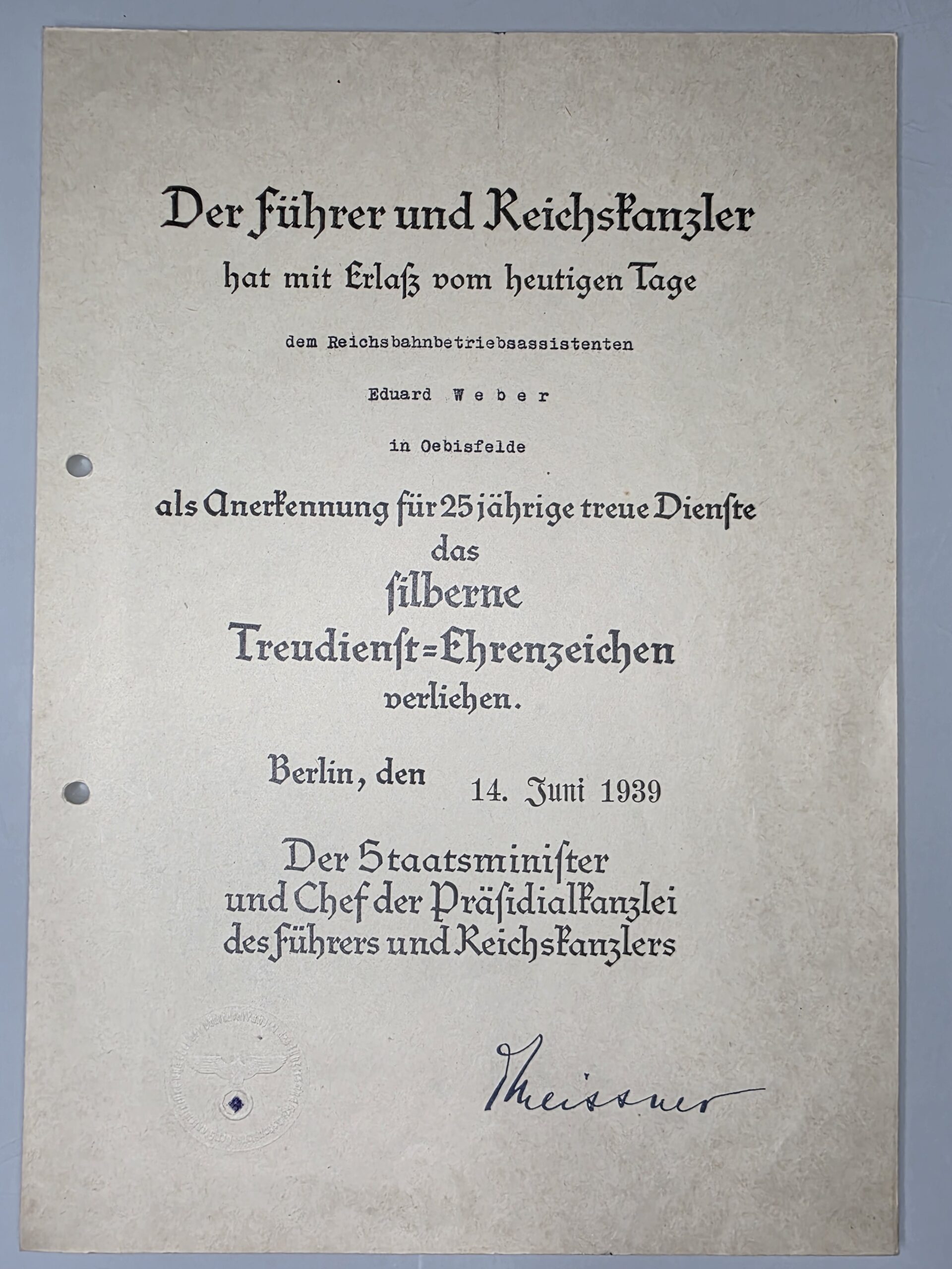 Walter Bürger signed document 1941 Reichsbahn Eduard Weber