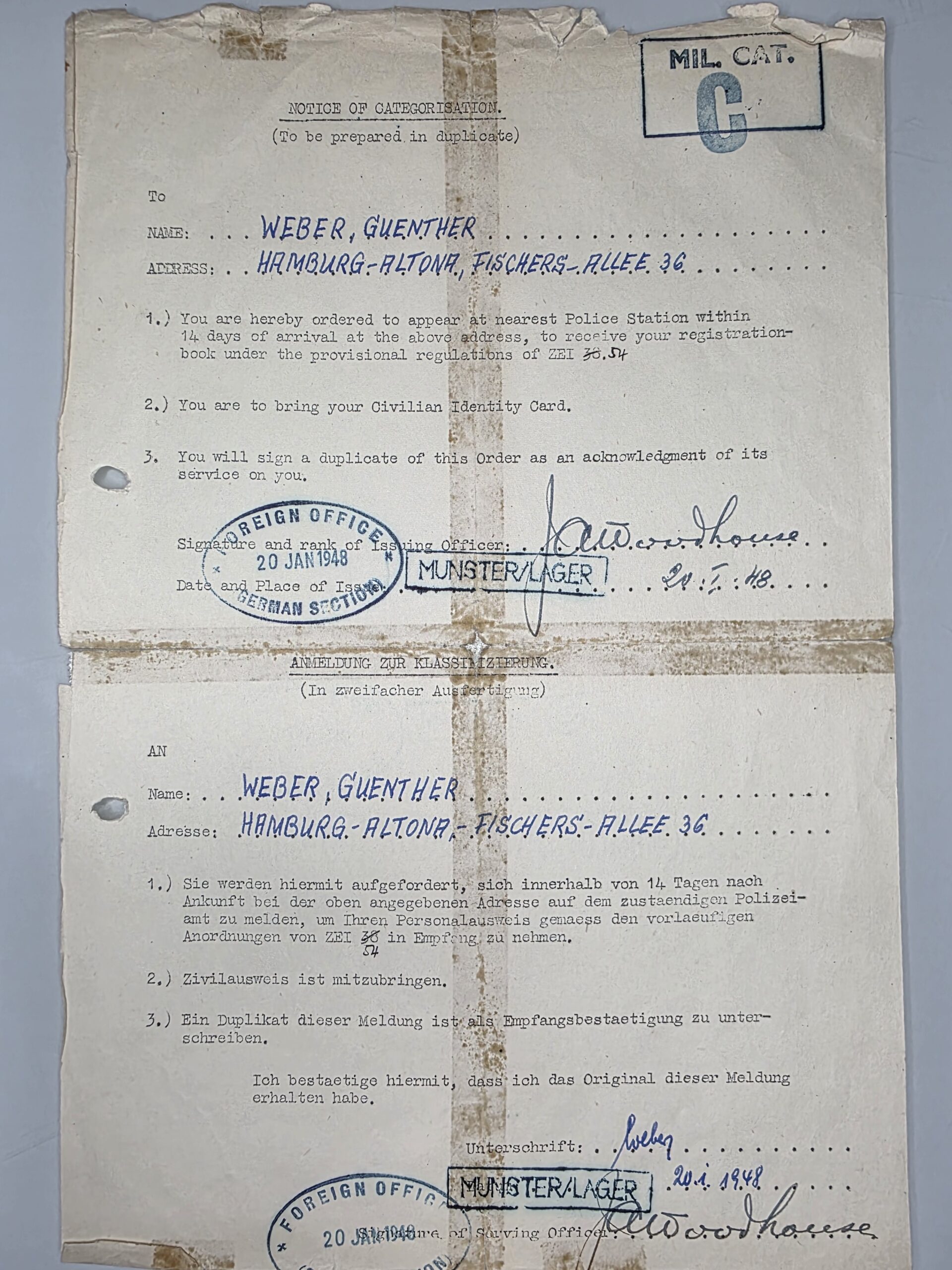 German POW documents Control Form D2 Günther Weber