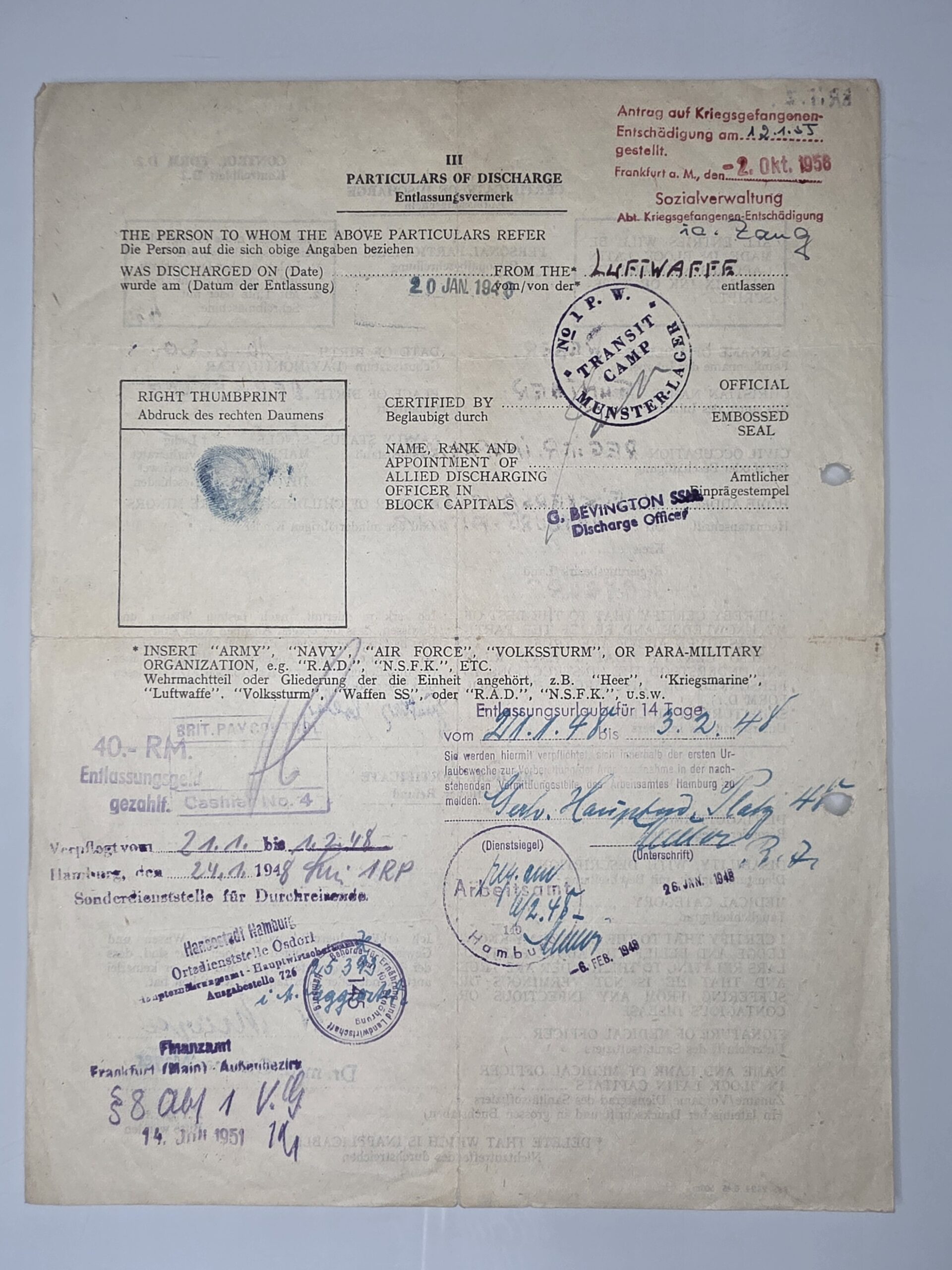 German POW documents WWII Günther Weber discharge 1948