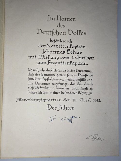 Original Kriegsmarine Johannes Schur Promotion Folder 1942 Erich Raeder Signed