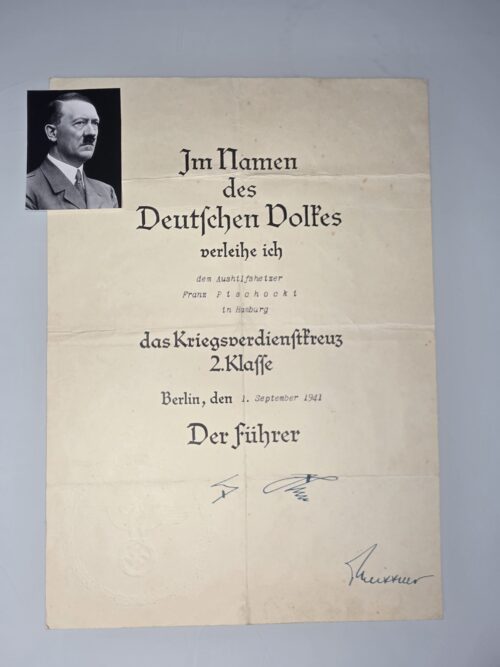 1941 German War Merit Cross Document Adolf Hitler Facsimile Signature