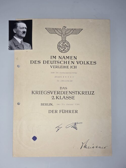 1944 War Merit Cross Document Adolf Hitler Facsimile Signature