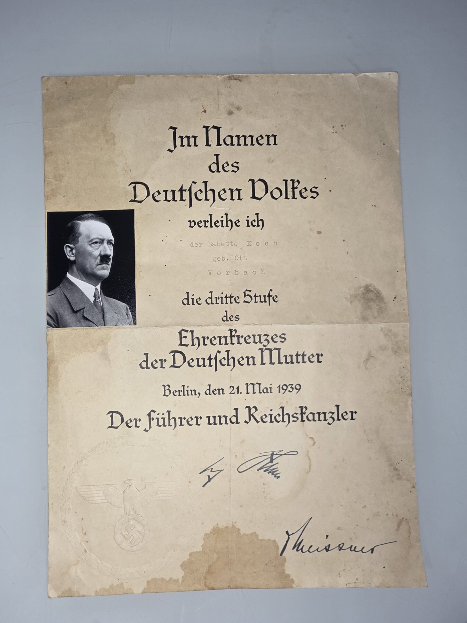 1939 German Mother’s Cross Document Hitler Facsimile Signature