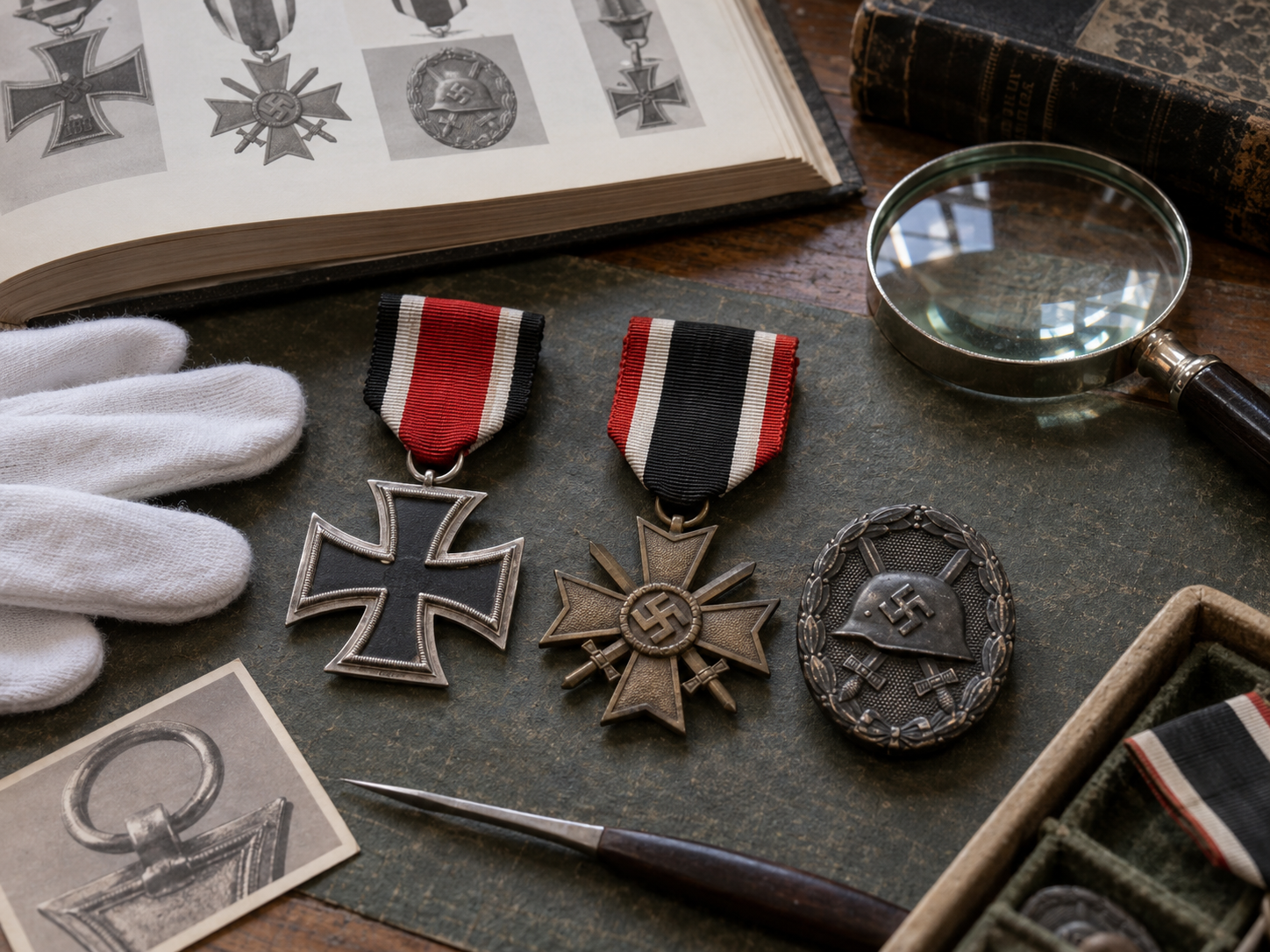 WWII German medals displayed on an antique desk with historical collecting accessories