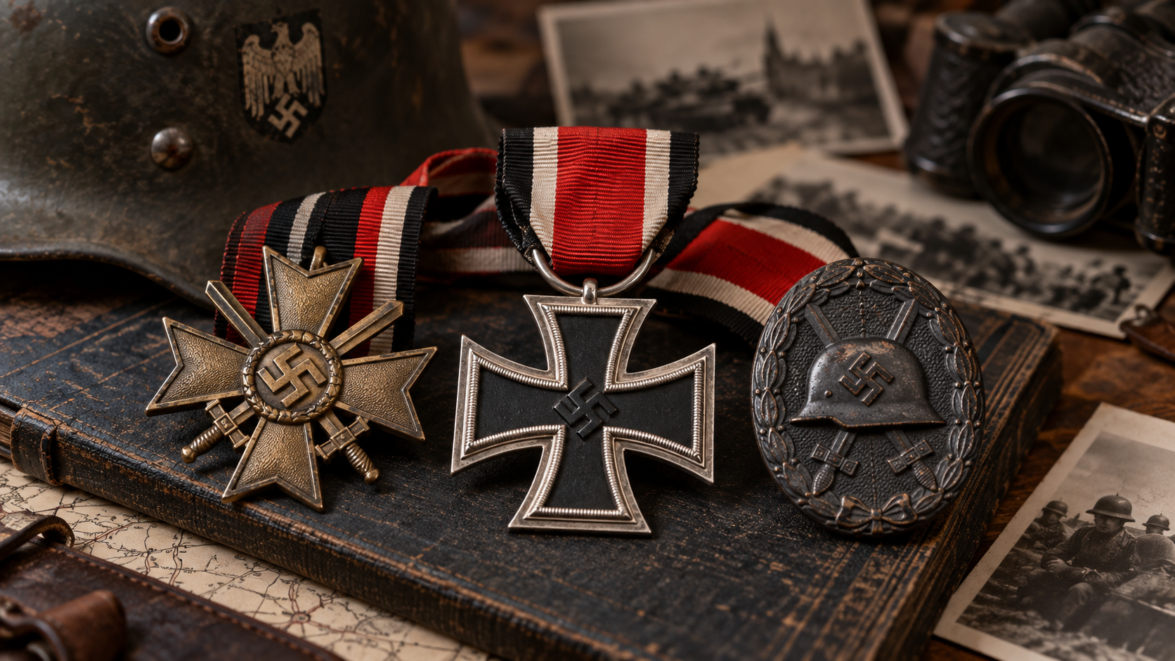 WWII German Medals Research and Authentication Illustrative display of WWII German medals arranged with historical collector research materials