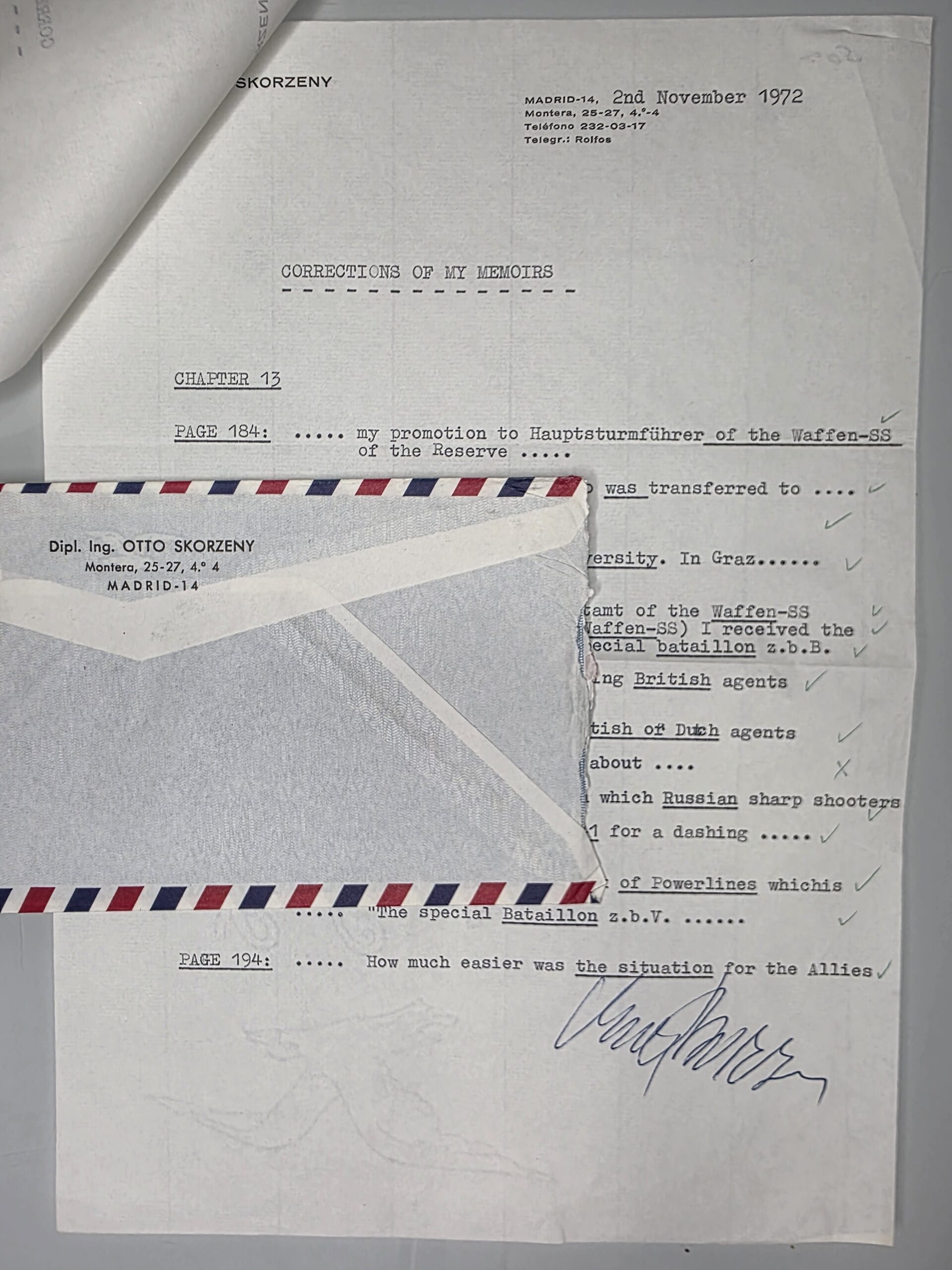 Otto Skorzeny WWII Document Original Envelope Otto Skorzeny signed WWII document original envelope 1972
