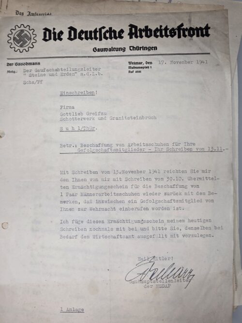 German document archive with Deutsche Arbeitsfront Thüringen letter from 1941