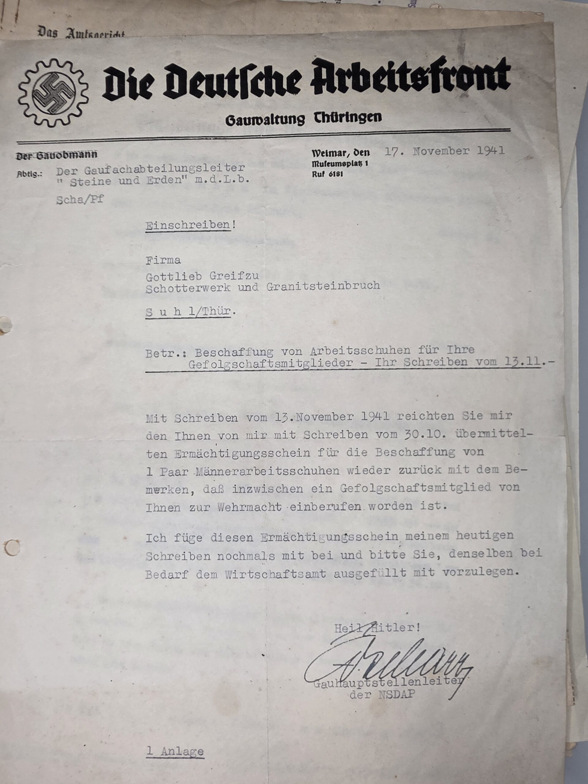 German Document Archive – DAF Work-Shoe Letter, 1941 German document archive with Deutsche Arbeitsfront Thüringen letter from 1941
