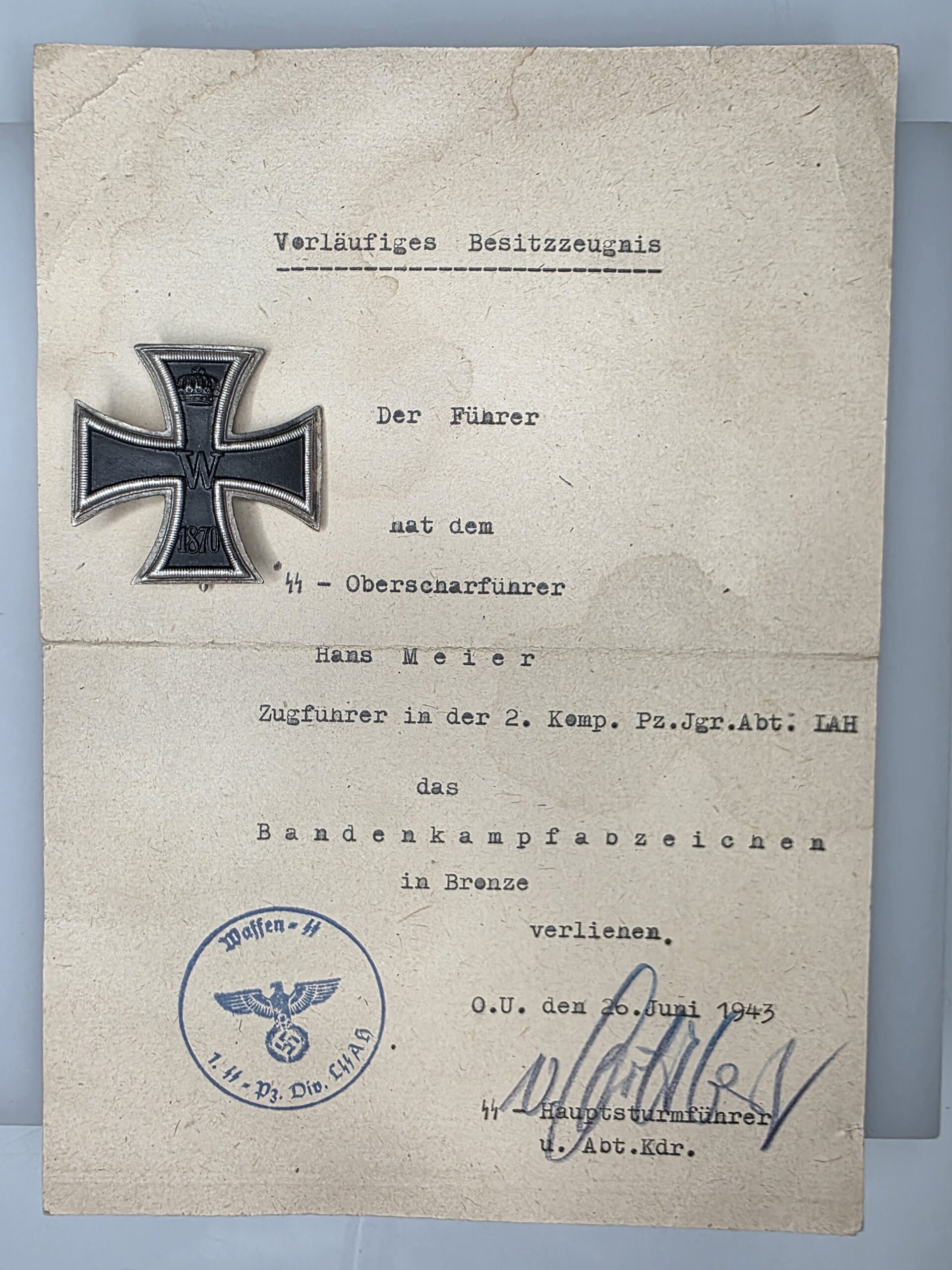1870 Iron Cross 1st Class reproduction collector document lot