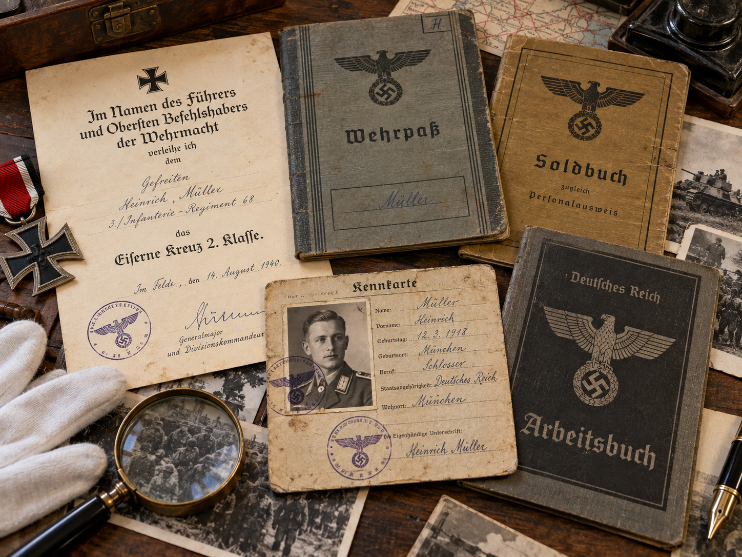 Illustrative display of WW2 German documents including Wehrpass, Soldbuch, Kennkarte and Arbeitsbuch