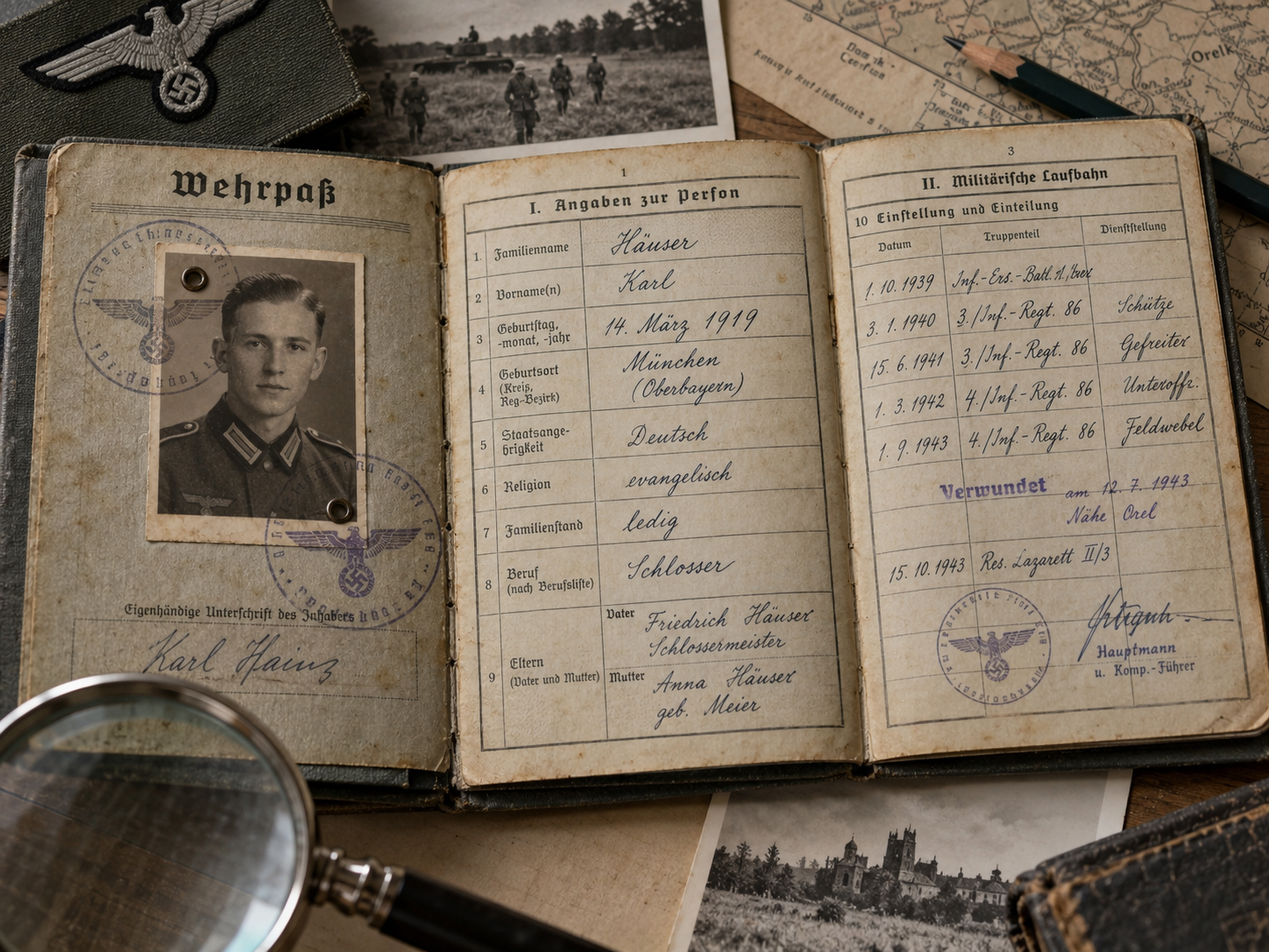 Documentos civiles y de identificación abiertos Illustrative WW2 German identity and employment documents with photographs, fingerprints and official entries