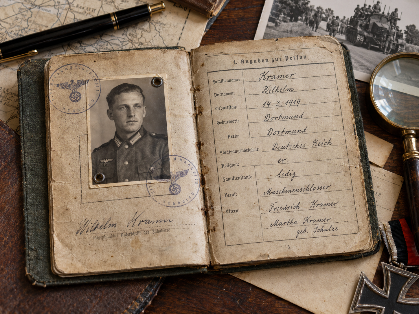 Documento militar abierto con fotografía Illustrative German WWII military service document with photograph, personal details and period-style stamps
