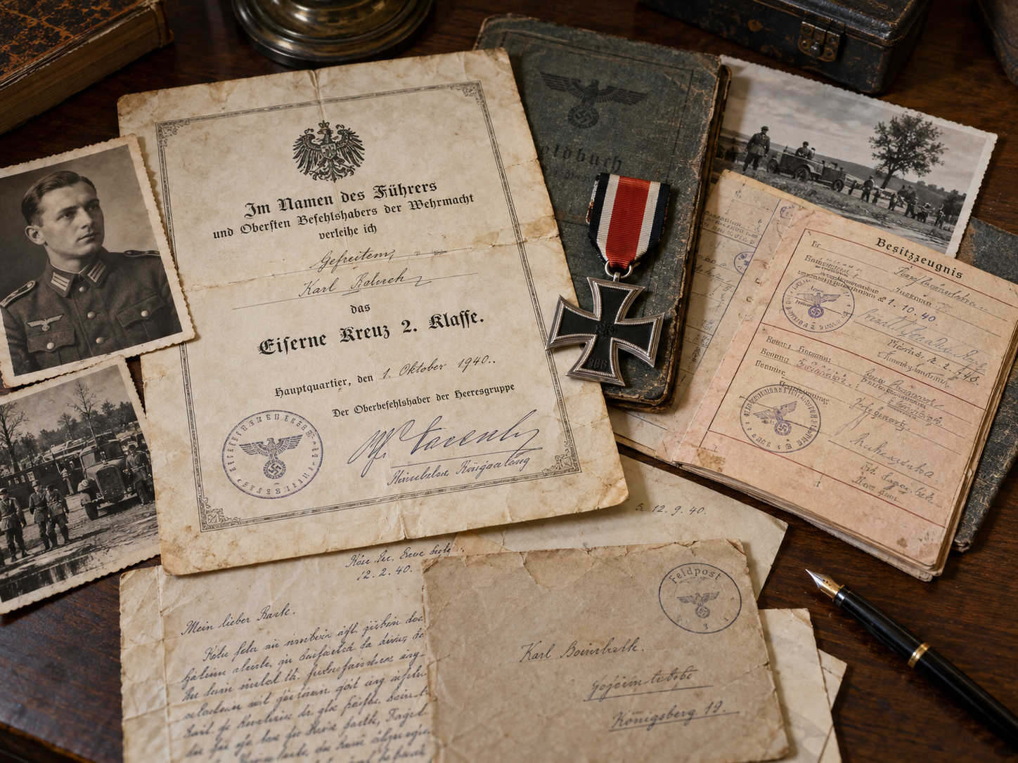 Illustrative WW2 German award document with Iron Cross, military papers and historical research materials Illustrative WW2 German award document with Iron Cross, military papers and historical research materials