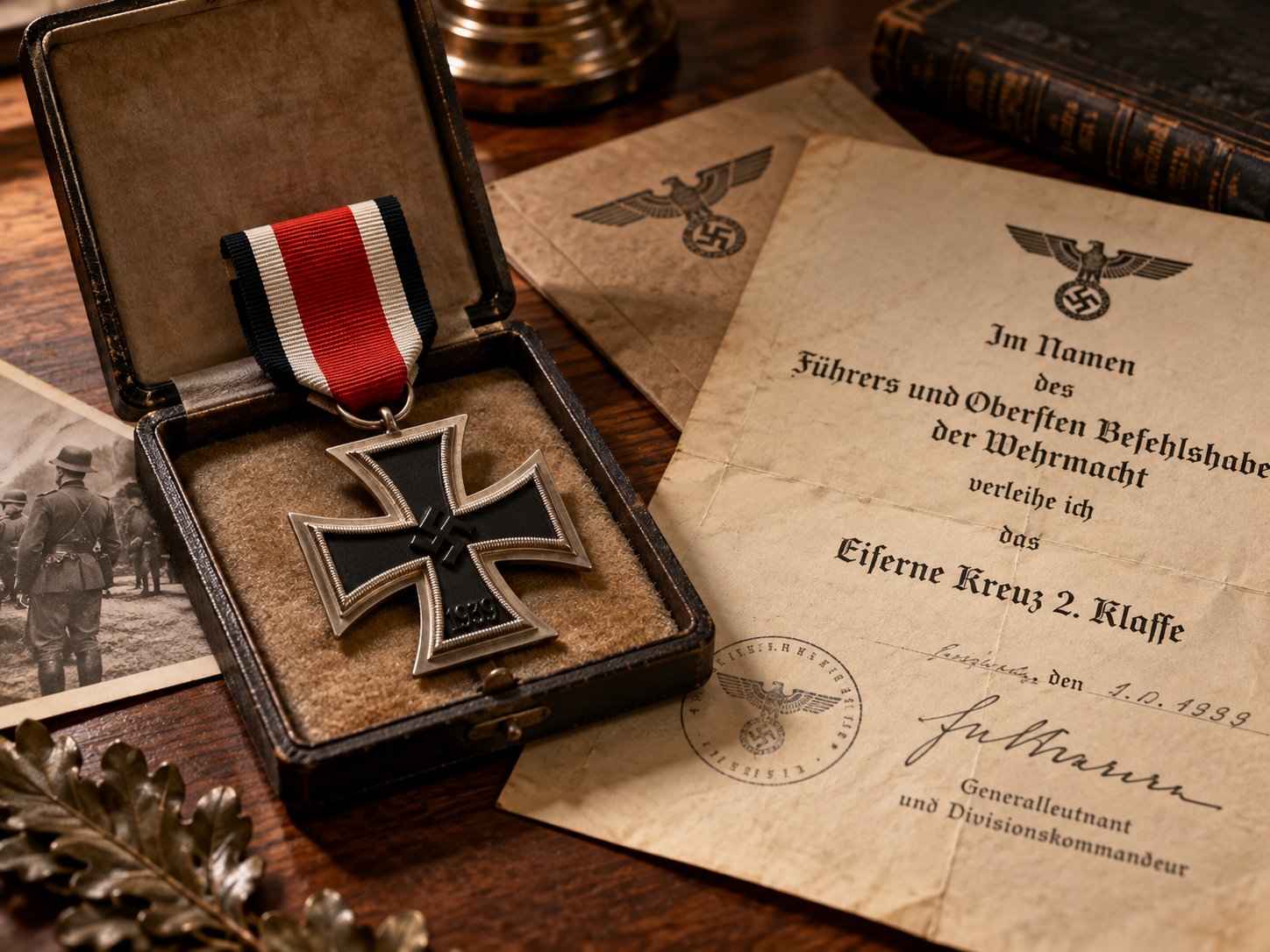 Illustrative historical research scene featuring an Iron Cross 1939 and archival documents
