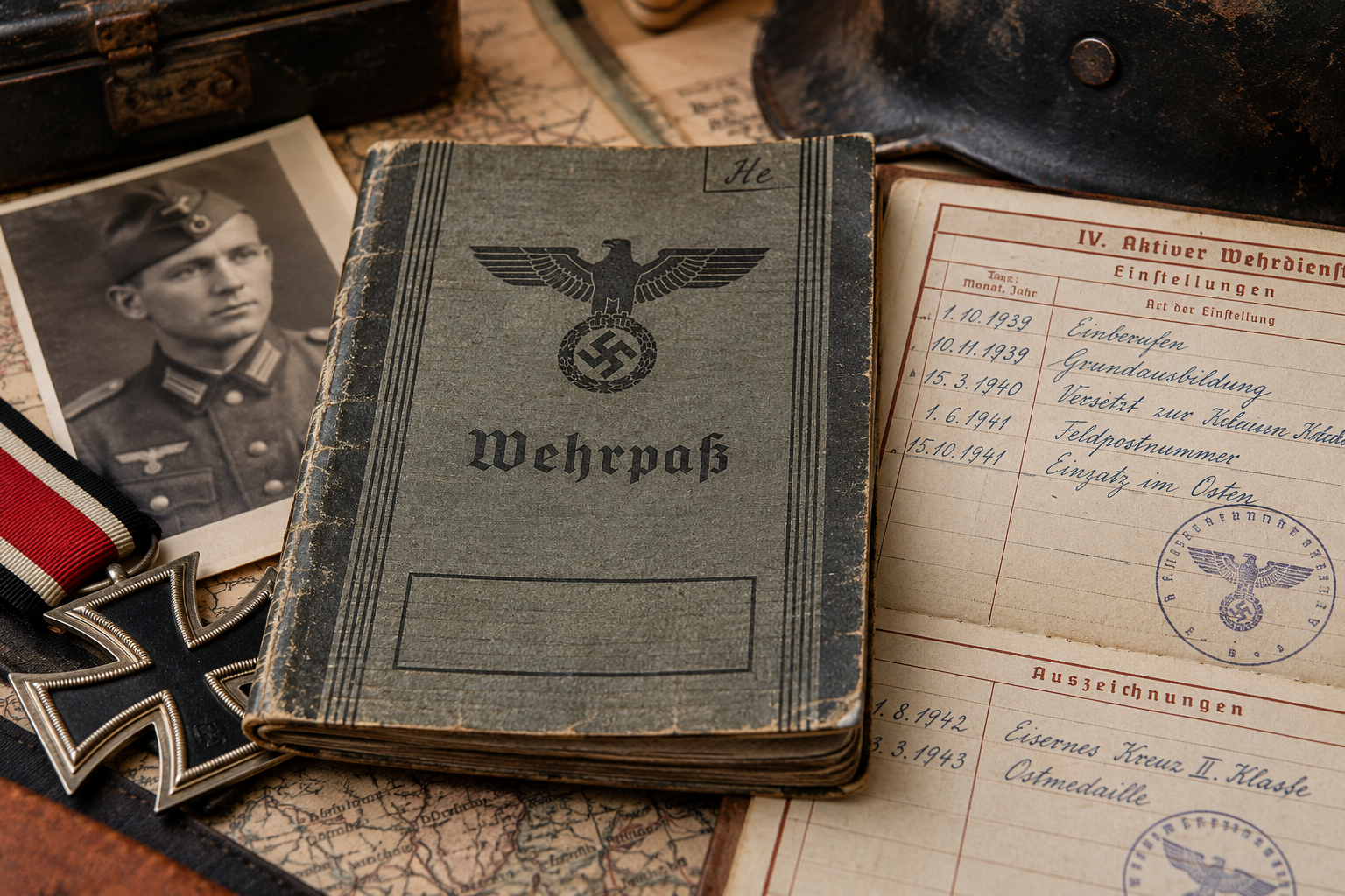 Archivo de un soldado de la Wehrmacht-3 Illustrative Wehrpass research desk with military unit entries, map and archival notes