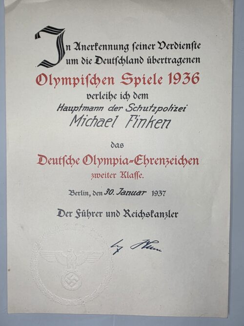 German Olympic Decoration document 2nd Class awarded to Michael Finken in 1937